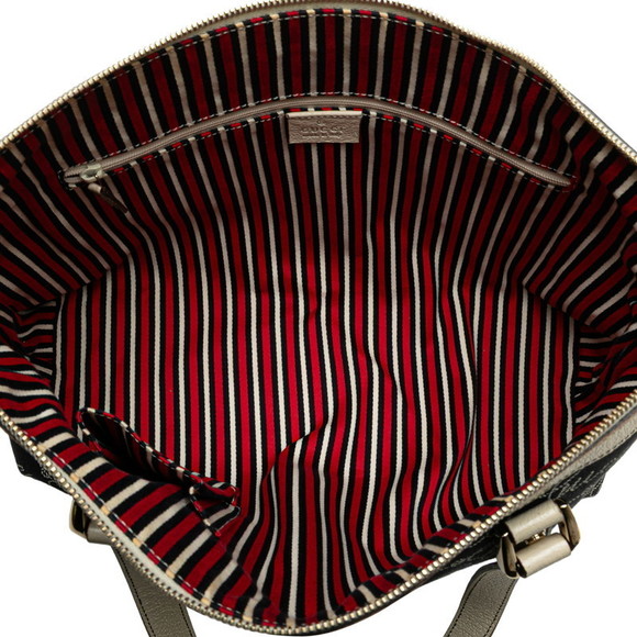 Gucci Abbey Logo Tote Bag Navy Blue Beige Canvas Leather - Picture 7 of 8